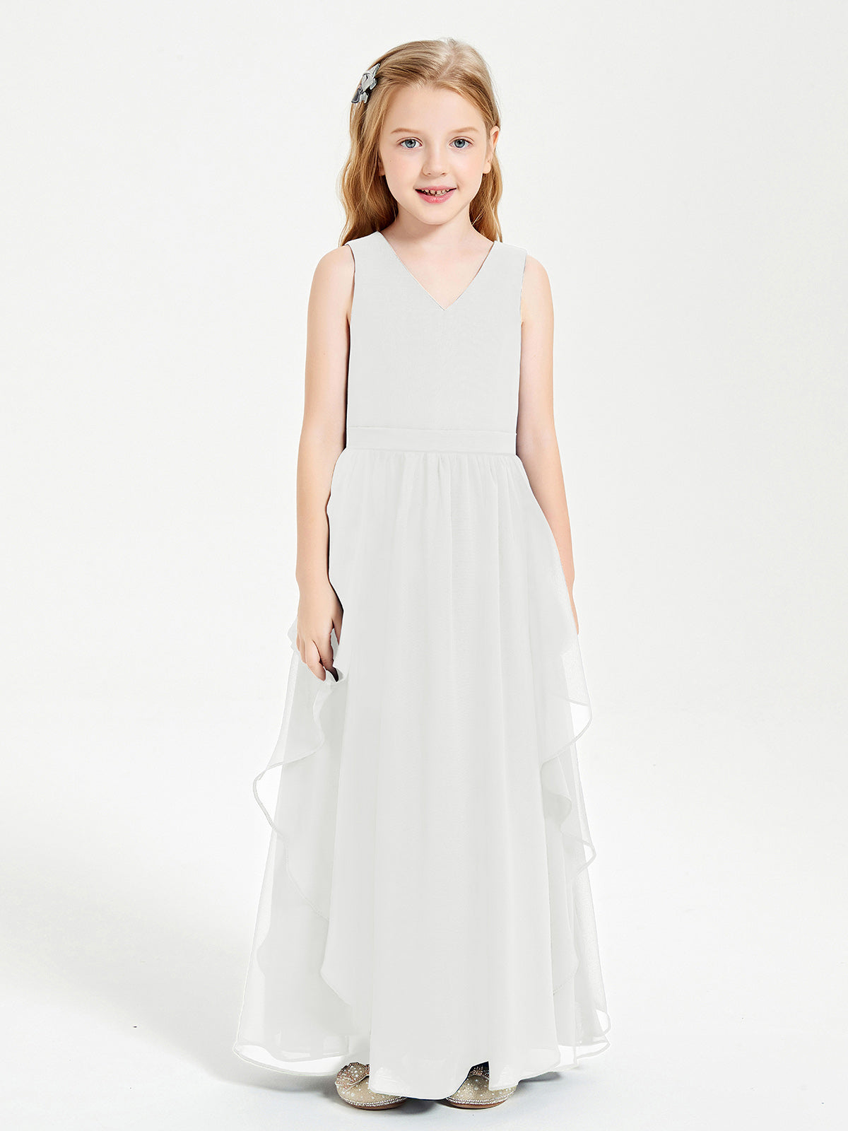 Boho Sleeveless Junior Chiffon Bridesmaids Gown Ivory